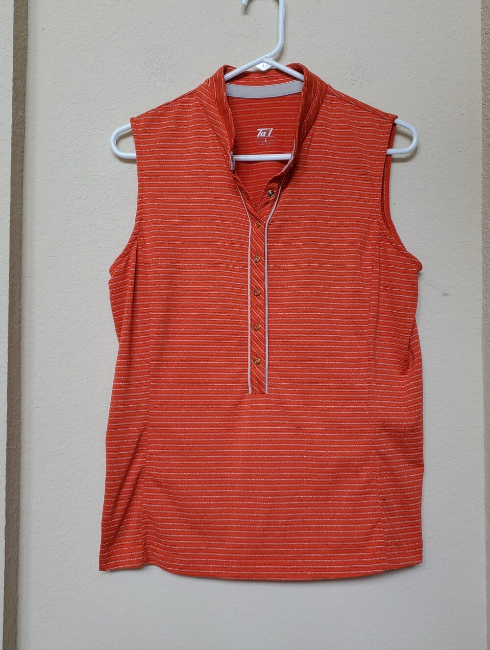 Tail Orange Striped Gold Metallic Sleeveless Polo Tank.  Size Large